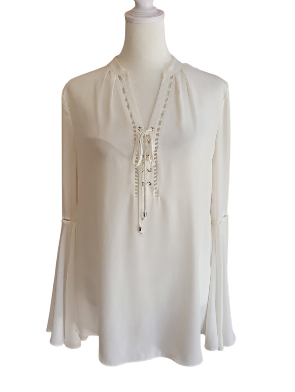 White House Black Market Ecru Lace-Up V-Neck Bell Sleeve Blouse Size 6